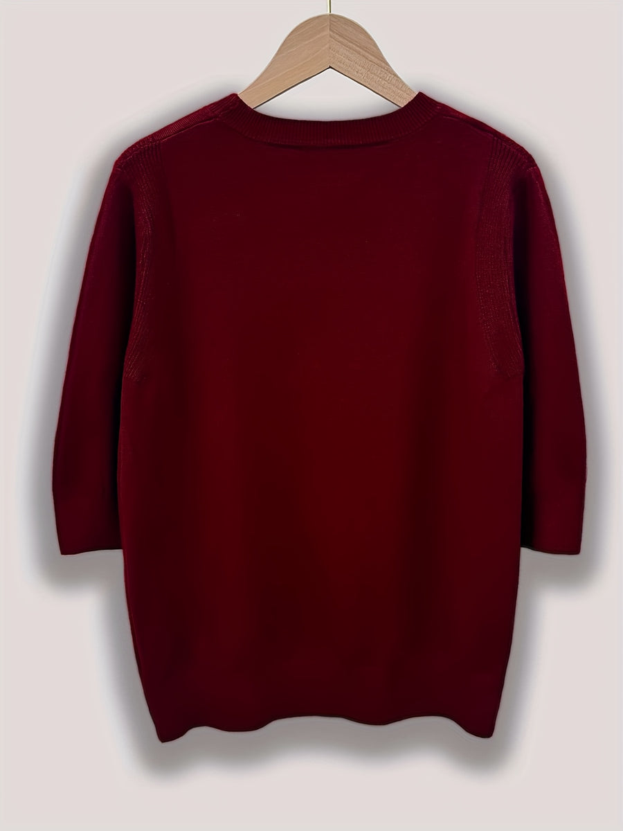 Fine Round Neck Mid-Sleeve Sweater Women'S Spring Autumn New Vintage Elegant Top Short Sleeve Base Layer - Deep Red