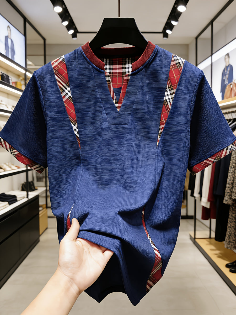 The [Pearson OBM] Men'S Short-Sleeve Golf Knit Shirt for Spring And Summer Features a Luxurious V-Neck Polo Design. Made from a Heavy Waffle Texture Fabric with Stylish Striped Color-Blocking And a Double-Layer Collar - ho Navy Blue