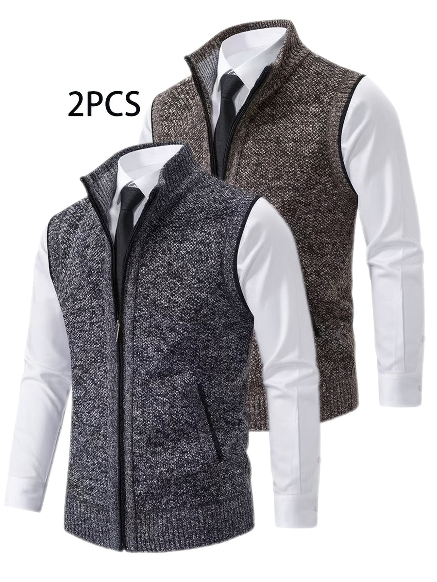 2pcs Spring/Autumn Style Sweater Knit Vest Zipper Cardigan with Real Pockets, Solid Color, Unisex Vest - E7015L+K