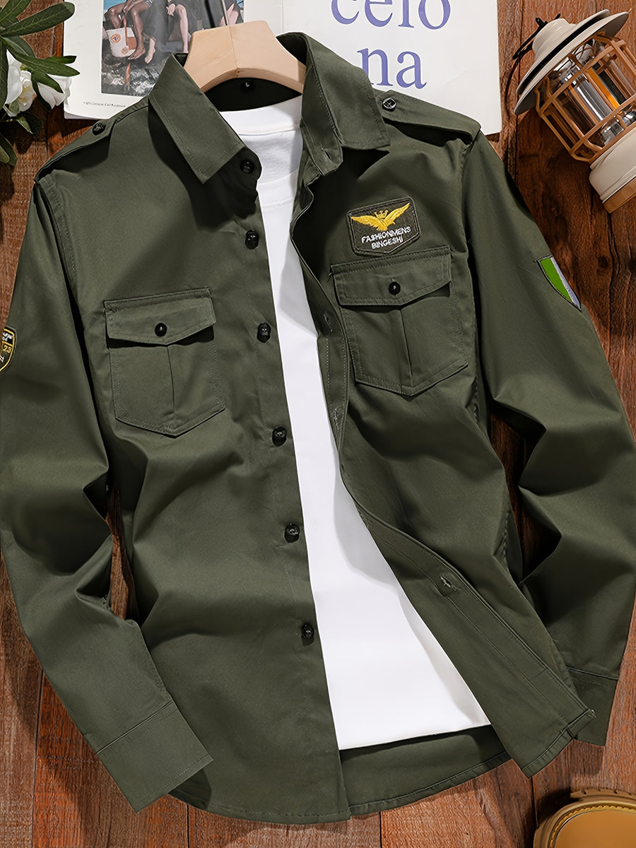 New Men's Cotton -Style Long-Sleeve Shirt Jacket, Casual Business Long-Sleeve Button-Up with Shoulder Epaulette Pattern, Regular Fit Trendy Workwear Men's Outerwear - olive drab
