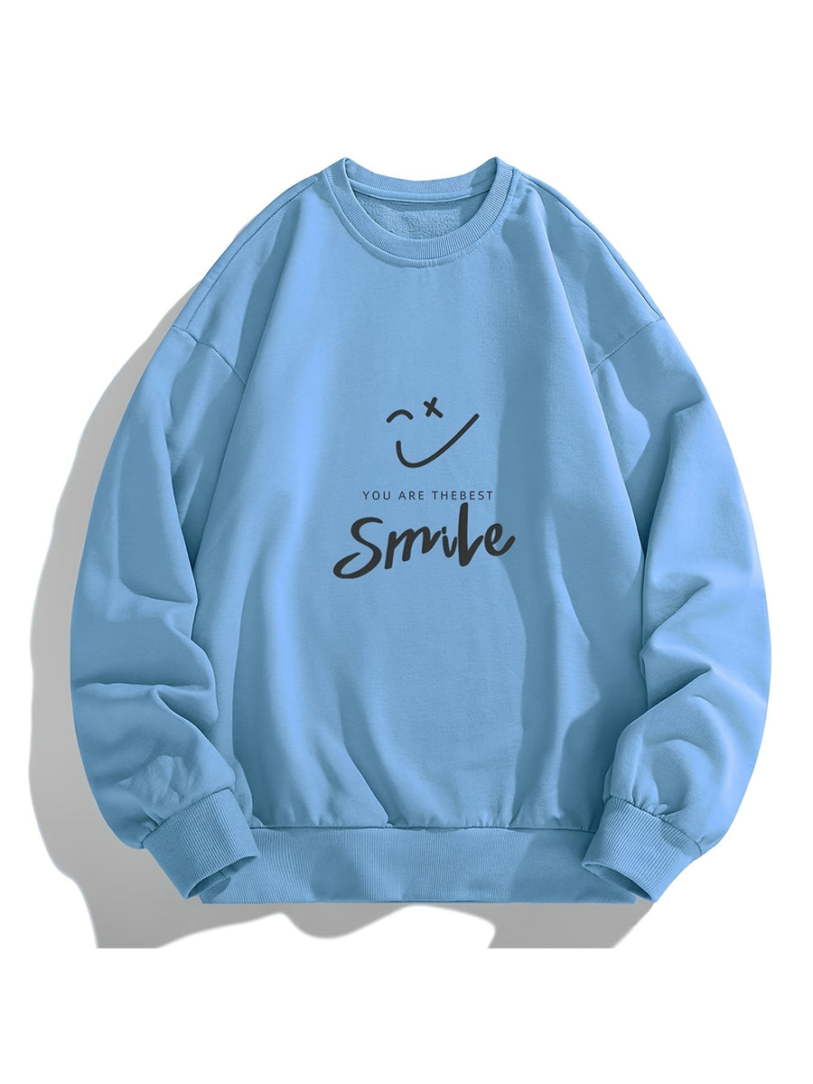 Men's Crew Neck Sweatshirt, Spring & Autumn Joyful Face Letter Print Pullover Top, Youth Loose Casual Versatile LongSleeve Base Shirt - Sky Blue