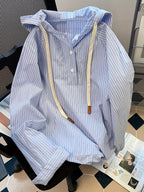 Women's Japanese-Style Blue Striped Hooded Sweatshirt, Loose Vintage Hong Kong Chic Casual Outerwear Top for Spring and Autumn, Fashionable Hoodie + Niannian - Bright Steel Blue