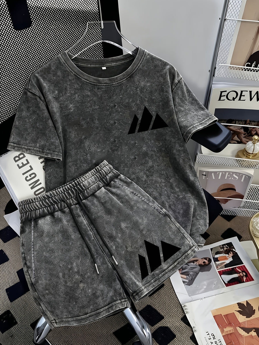 Summer Trendy Distressed Washed Short Sleeve Shorts Drawstring Women's Set, Minimalist Mountain Peak Line Drawing Print, Minimalist Outdoor Style, Artistic and Fresh Style, Forest-Inspired Natural Style, Comfortable for Hot Weather - Black 2
