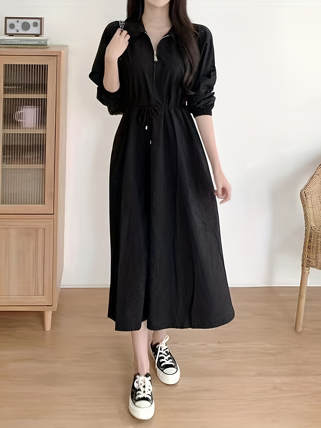 Lapel Tie Dress - Black