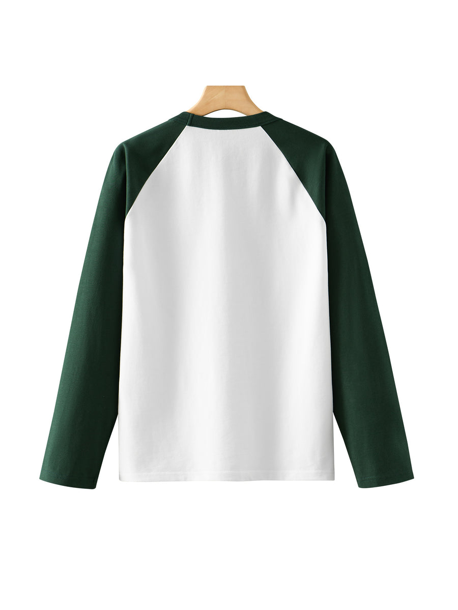 Huairui 100% Pure Color-Block Raglan Long Sleeve T-Shirt for Men, Crew Neck, Color Spliced, Casual, Versatile Base Layer for Spring and Autumn - Green