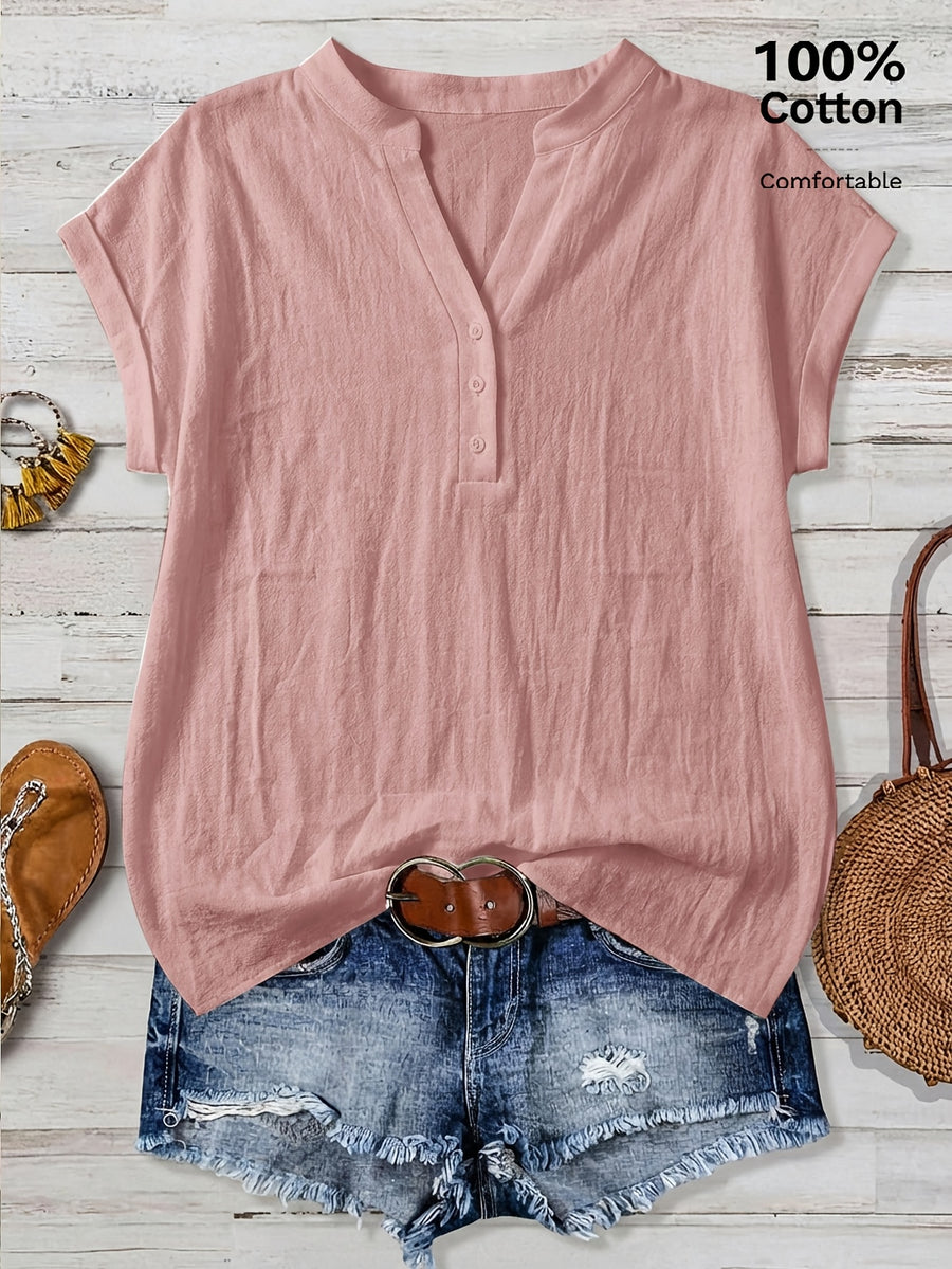 100% Short Sleeve Shirt, Casual Vacation Wear for Summer, V-Neck Design, Country Style Clothing for Women, Suitable for All Occasions, Ideal Choice for Holidays - Pink Color