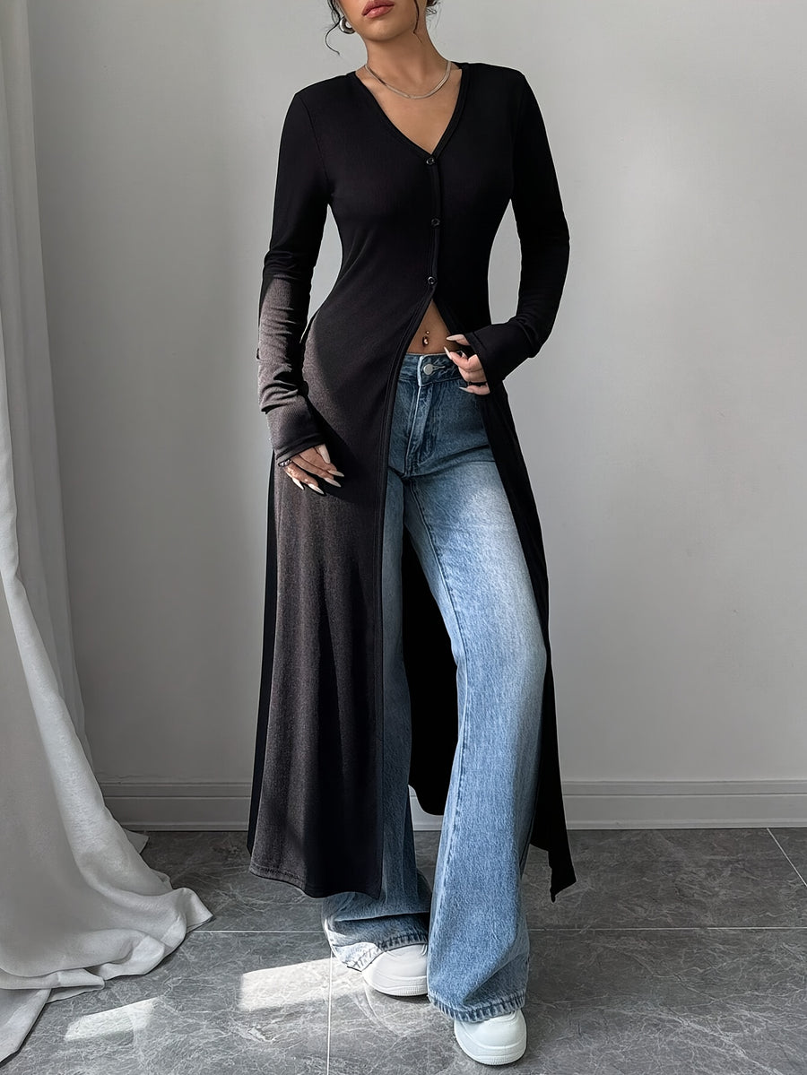 Women'S Slim Fit Long Sleeve Casual Shirt, V-Neck Spandex Blouse with Button Front and Side Slit - Solid Color, Comfortable Everyday Top for Casual Attire, Everyday Comfort Wear | Sleek Fitted Design | Durable Fabri - Black