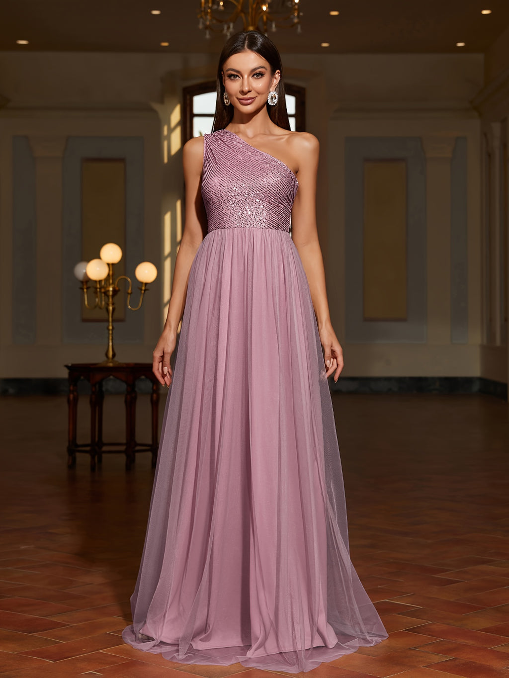 One-shoulder Sequin Patchwork Mesh Dress, Family Gathering Birthday Party Dress, Elegant and Fashionable Dress, Women's Long Dress, Party Dress, New Style, Women's Evening Gown, Host Performance Dress, Bridesmaid Dress, Prom Evening Gown - Dirty Pink