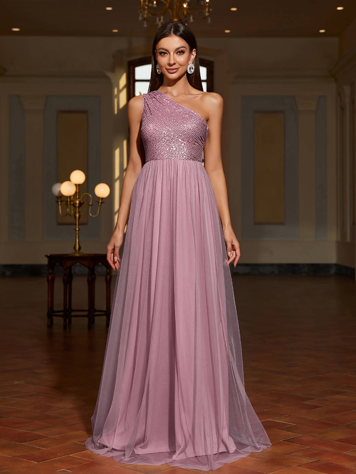One-shoulder Sequin Patchwork Mesh Dress, Family Gathering Birthday Party Dress, Elegant and Fashionable Dress, Women's Long Dress, Party Dress, New Style, Women's Evening Gown, Host Performance Dress, Bridesmaid Dress, Prom Evening Gown - Dirty Pink