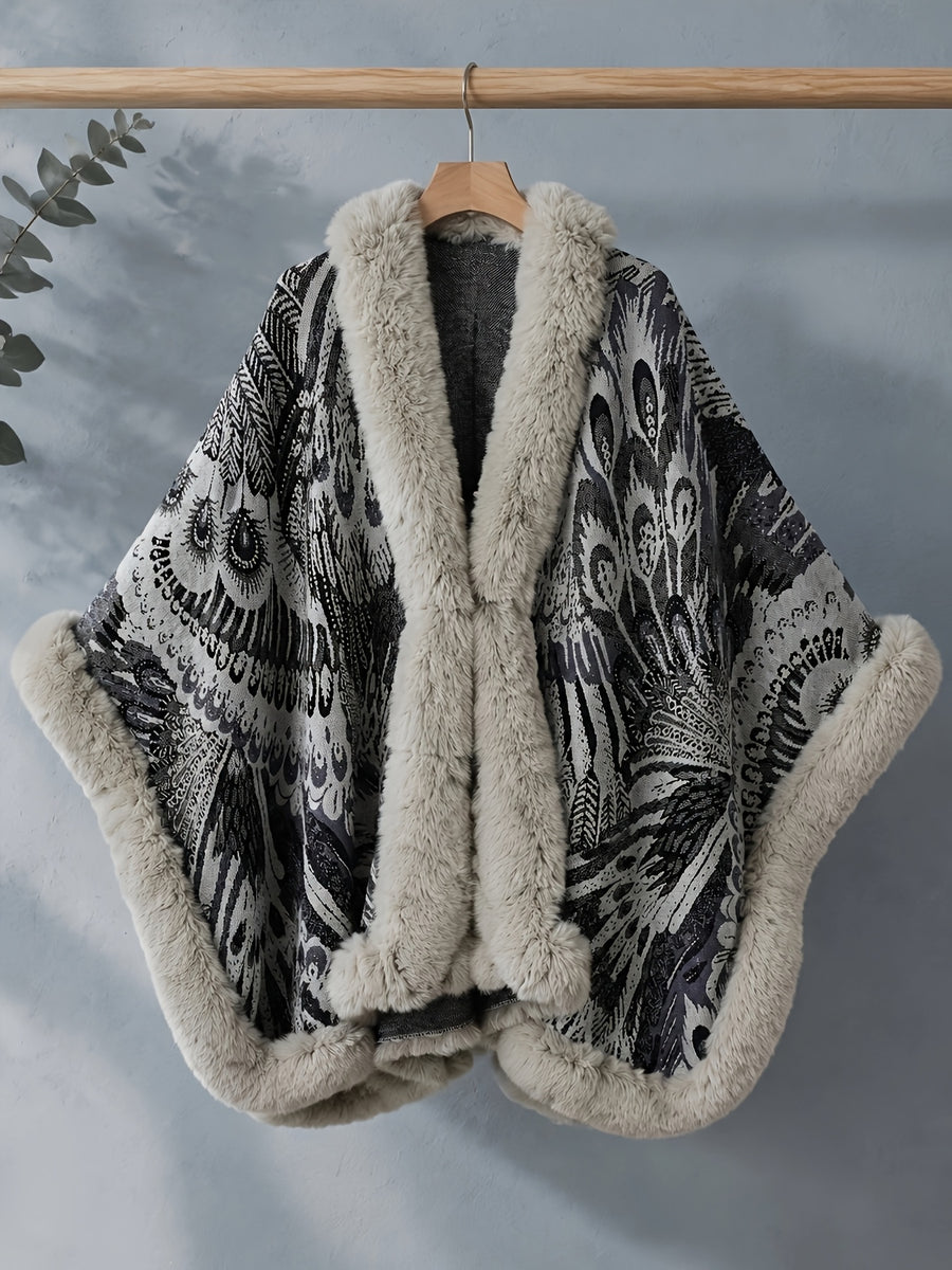 Women's Faux Trim Cape Shawl, Pea Rooster Pattern Acrylic Poncho Wrap, Open Front Sleeveless Fall Winter Outerwear - Beige Color