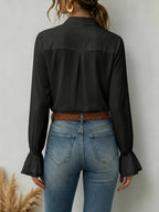 Women'S Solid Elegant Ruffled Button-Up Long Sleeve Shirt - Black