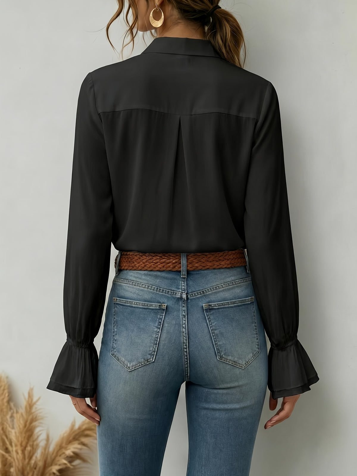 Women'S Solid Elegant Ruffled Button-Up Long Sleeve Shirt - Black