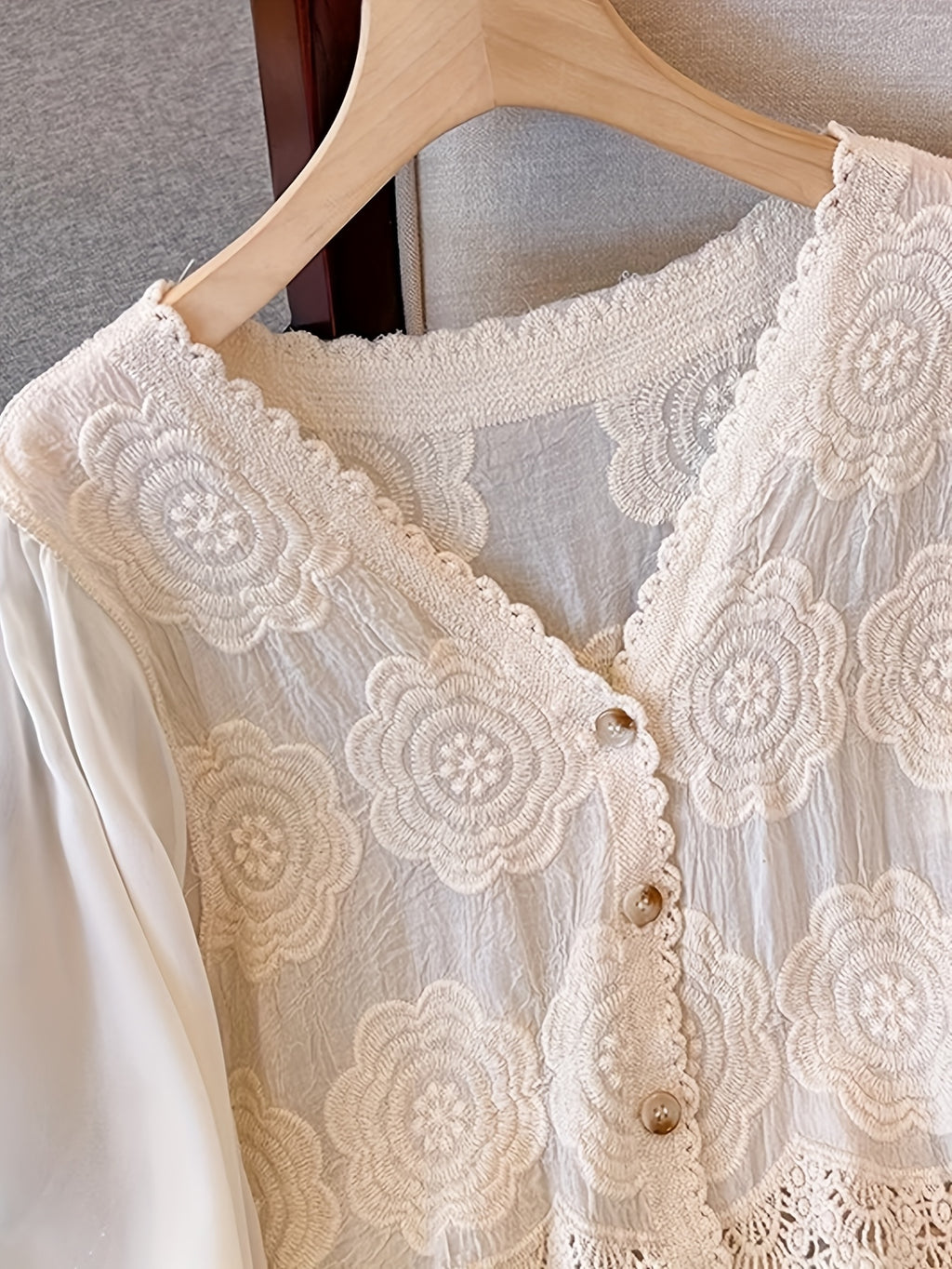 Women's Floral Lace Blouse - Elegant V-Neck Button-Up Shirt with Bell Sleeves, Machine Washable Women's Top for Wedding, Garden Party, Everyday - Boho Chic Blouse for Spring/Summer Outfits, Wedding Guest Outfit, Romantic Design, Intricate Embroidery - Apricot