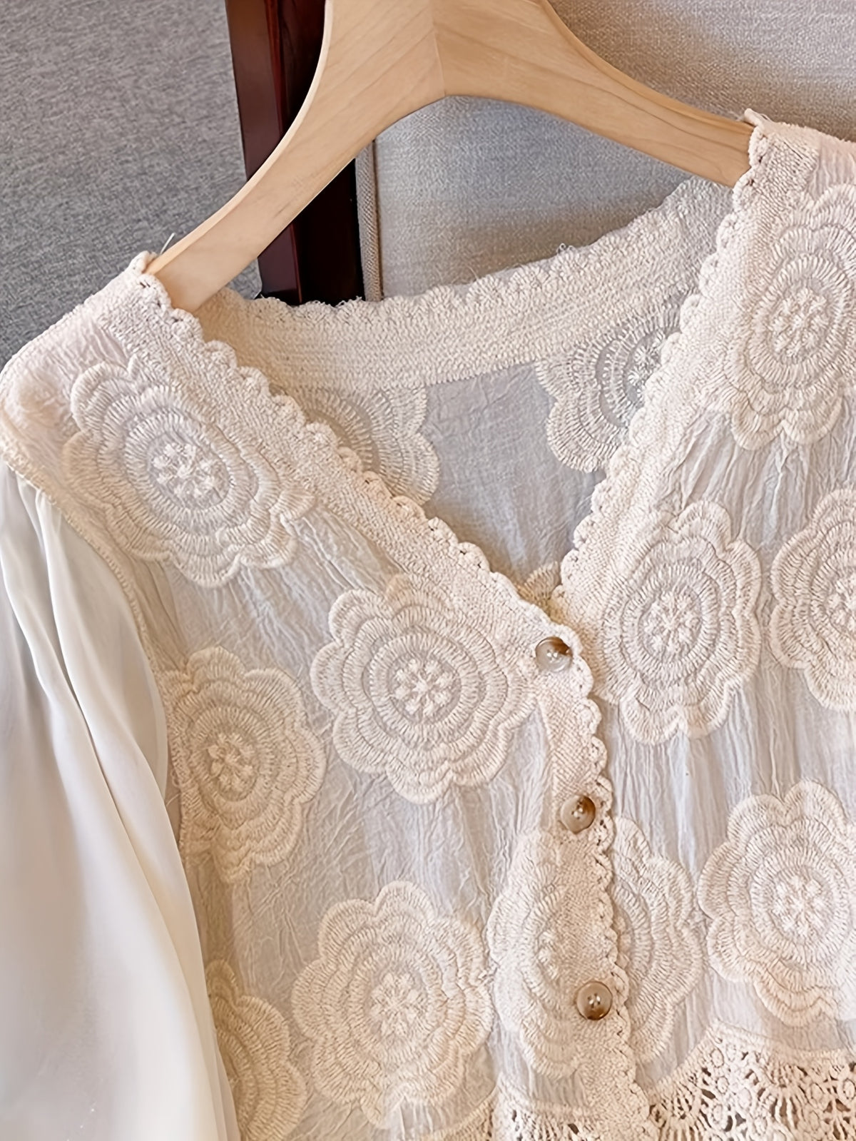 Women's Floral Lace Blouse - Elegant V-Neck Button-Up Shirt with Bell Sleeves, Machine Washable Women's Top for Wedding, Garden Party, Everyday - Boho Chic Blouse for Spring/Summer Outfits, Wedding Guest Outfit, Romantic Design, Intricate Embroidery - Apricot