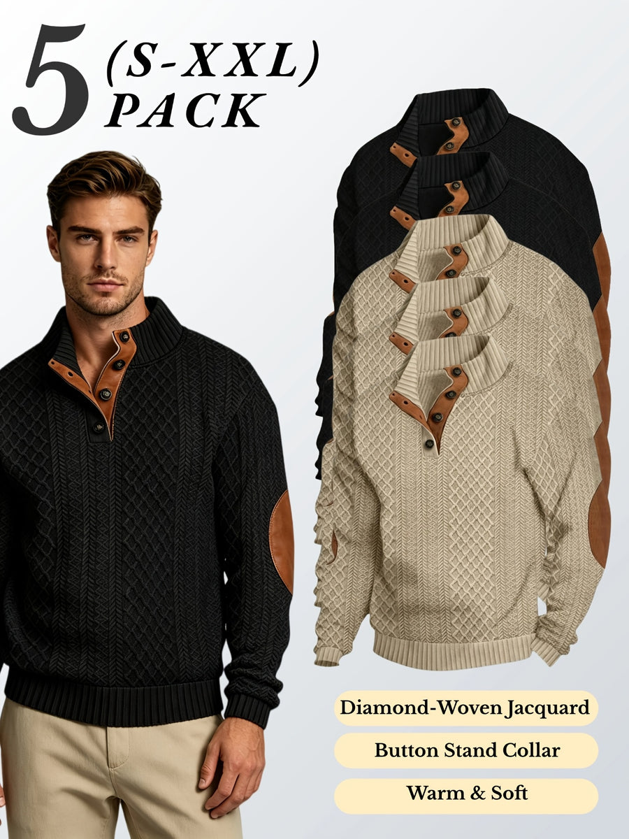 5pcs Set Men's Textured Jacquard Knit Vintage Casual Button-Up Stand Collar Long Sleeve Top, Versatile Basic Solid Color for Autumn/Winter Outings and Home Wear - Khaki 3+Black 2