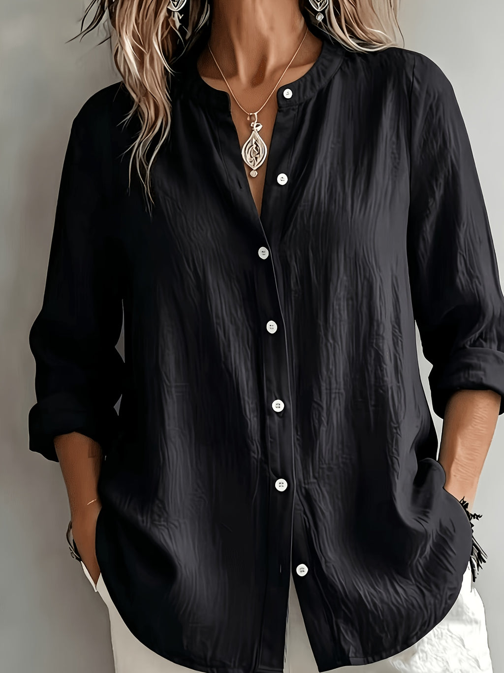 Elegant Special Edition Women'S Blouse - Long Sleeve Button-Up Solid Shirt, Breathable, Comfortable, Soft, Round Neck, Medium Stretch And Machine Washable, Suitable for Office, Commute, Or Formal Events, Refined Casual - Black