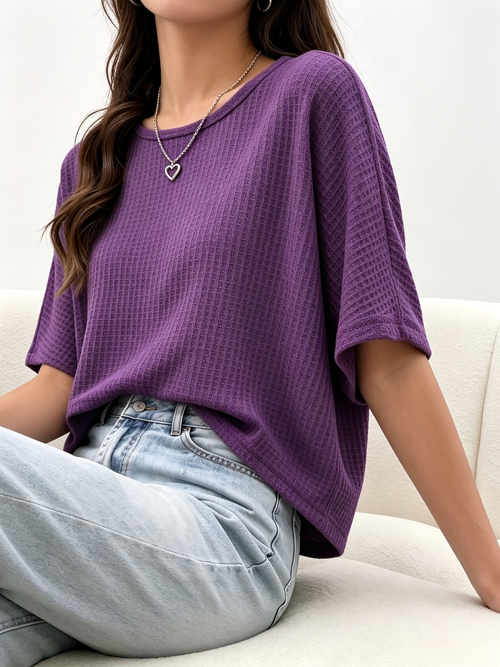 Women's Casual Loose-Fit Waffle Short Crop Crew Neck Short Sleeve T-Shirt for Daily Commuting - Purple