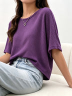 Women's Casual Loose-Fit Waffle Short Crop Crew Neck Short Sleeve T-Shirt for Daily Commuting - Purple