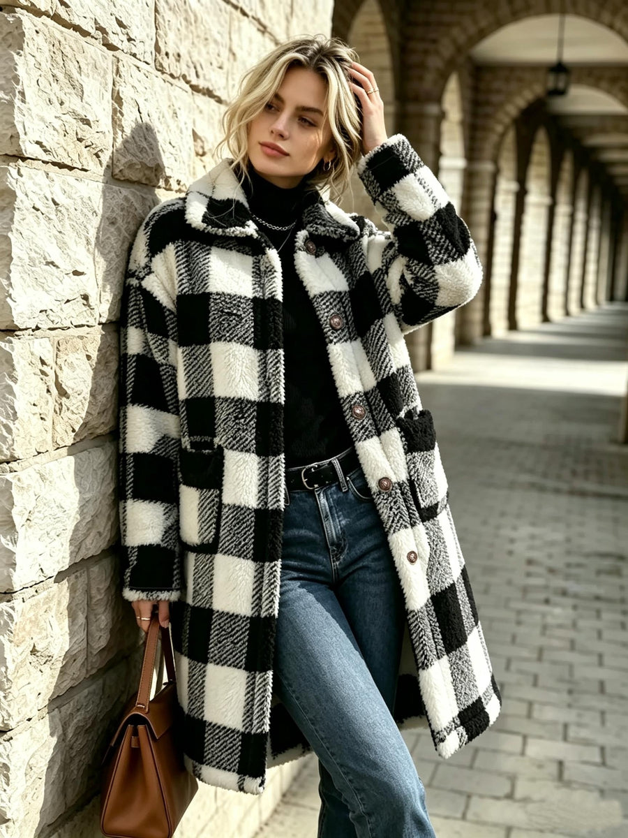 2026 Autumn Winter New Product, Women'S Plaid Printed Long Double Plush Coat, Teddy Bear Women'S Jacket, Lapel Long Sleeve Button-Up Design, Women'S Elegant Faux Coat, Essential Light Warm Jacket for Autumn Winter, Fashionable And Versatile - Black And White