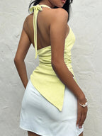 Women'S Casual Vacation Mechanically Fabric Irregular Hem Slit Halter Tie-Back Bow Cami - 【Light Yellow】