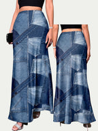 [Printed Skirt - Not Denim Fabric]American Retro Design Sense Faux Denim Patchwork Print Midi Skirt, High-Waist Slim Fit Leg-Lengthening Temperament All-Match Long Tail Skirt - Blue