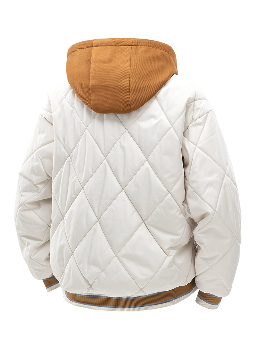 2025 New Men's Winter Warm Jacket with Letter Embroidery, Thickened Warm Casual Hooded 2-in-1 Look Padded Coat, Camping Christmas New Arrival - Khaki