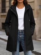 New Women'S Mid-Length Hooded Trench Coat, Spring Autumn Loose Casual Jacket Outdoor Drawstring Pocket Women'S Jacket Top - Black