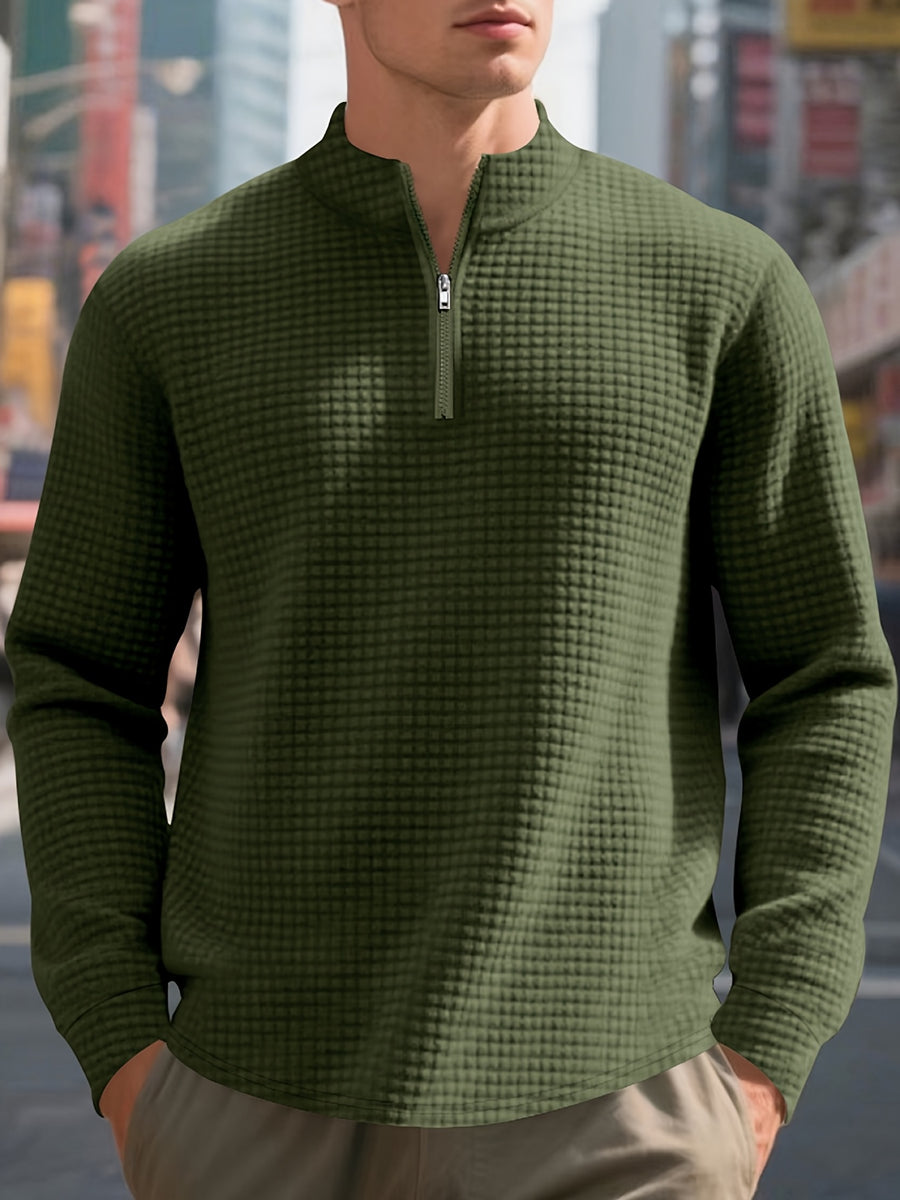 Men'S Four-Season Minimalist Casual Loose Jacquard Stand Collar Half-Zip Base Sweatshirt - Military Green