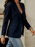 Solid Color Elegant Blazer for Women, Single-Breasted Notched Lapel Lined Suit Jacket, Versatile Business Casual Workwear Top for Spring And Autumn - Navy Color