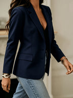 Solid Color Elegant Blazer for Women, Single-Breasted Notched Lapel Lined Suit Jacket, Versatile Business Casual Workwear Top for Spring And Autumn - Navy Color