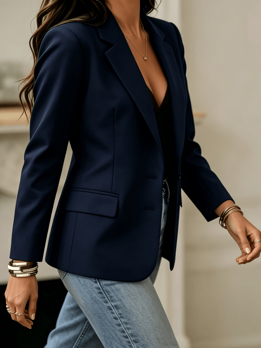 Solid Color Elegant Blazer for Women, Single-Breasted Notched Lapel Lined Suit Jacket, Versatile Business Casual Workwear Top for Spring And Autumn - Navy Color