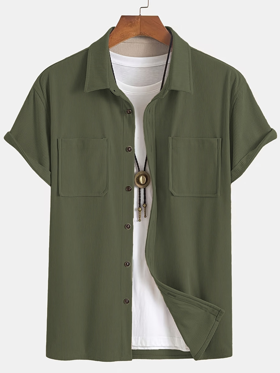 Summer Men'S Solid Color Pinstripe Corduroy Shirt, Lapel Double Pocket Design Loose All-Match Short Sleeve Shirt Jacket - Green