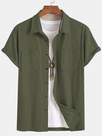 [Textured Corduroy] Men'S Short-Sleeved Shirt Double Pocket Loose Slimming Commuter Jacket - Green