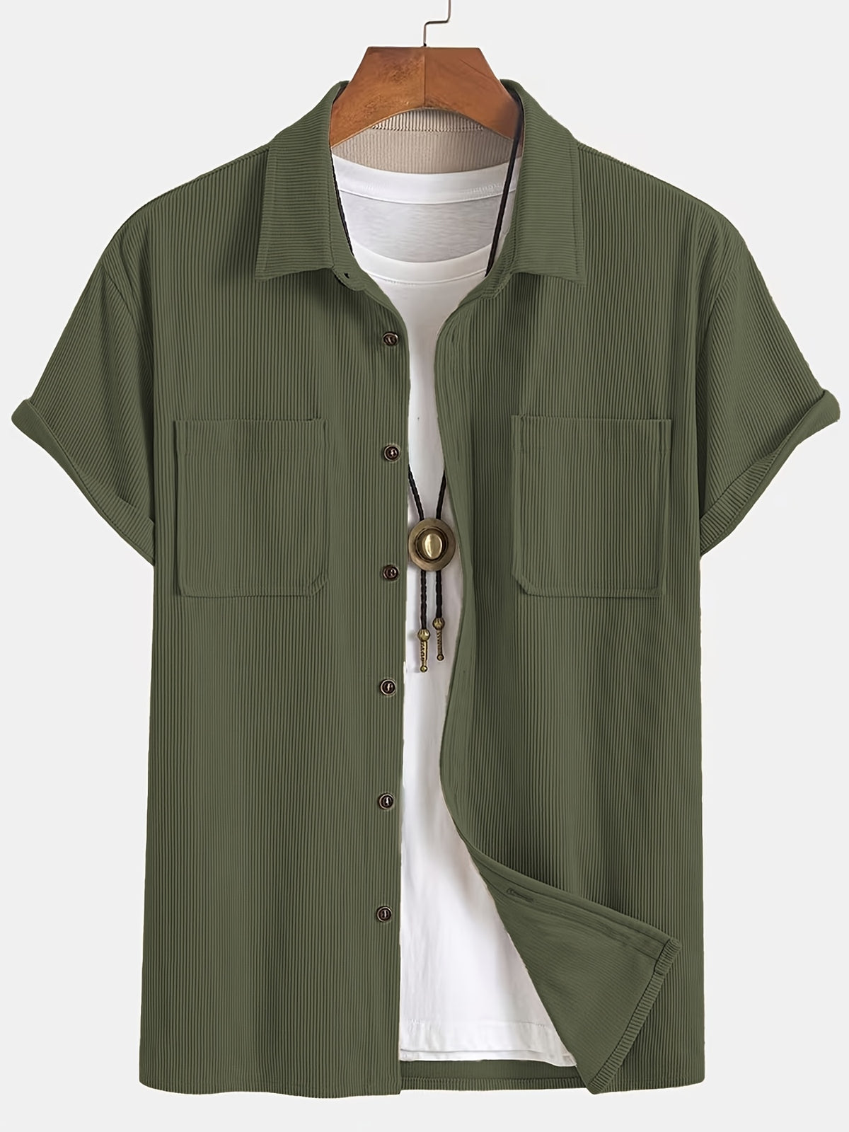 [Textured Corduroy] Men'S Short-Sleeved Shirt Double Pocket Loose Slimming Commuter Jacket - Green