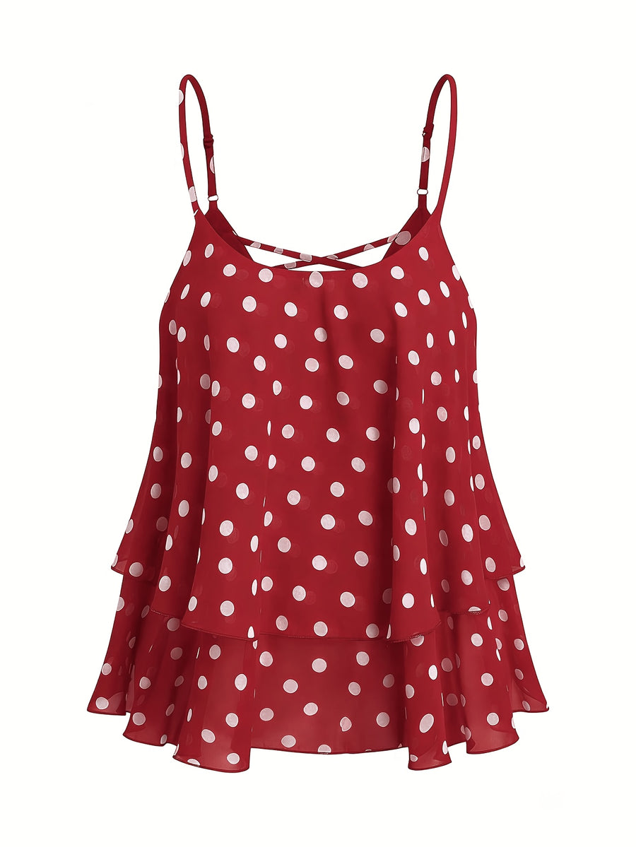 2026 New Black And White Polka Dot Spaghetti Strap Cami, Double-Layer Flowing Skirt Hem, Vacation Style Top, Lazy Style Polka Dot Chiffon Cami, Double-Layer A-Line Fit, Versatile Casual Date Sleeveless Top - Red