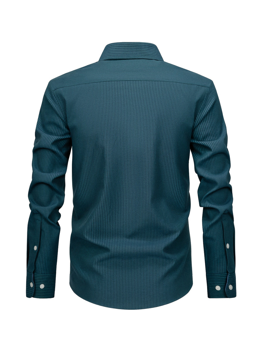 New Cotton Oxford Shirt for Men, Casual Fashion Long Sleeve with Collar and Cuff Patchwork Design, Comfortable and Fitted Business Loose Shirt, Button-Up Striped Dress Shirt, Long Sleeve Collared Striped Dress Shirt for Office Work, Fine Stripe Shirt - Blue base with black stripes
