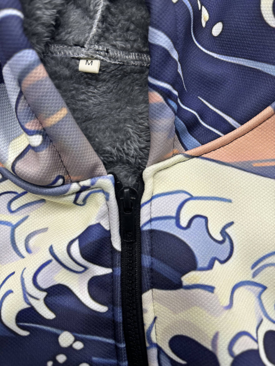 Vintage Japanese Art Wave Pattern Printed Fashion Men's Plush Thick Long-Sleeved Cardigan Coat Winter Warm Zipper Hooded Coat - Khaki