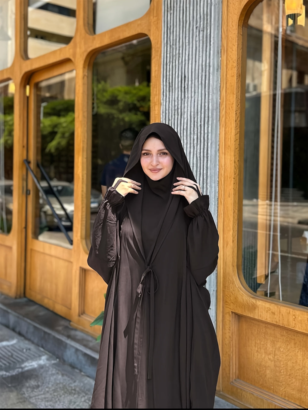 New Cross-Border Middle East Solid Color Women's Lace-Up Abaya 2pcs Set with Large Headscarf, Arabic Style P302 - Coffee Color