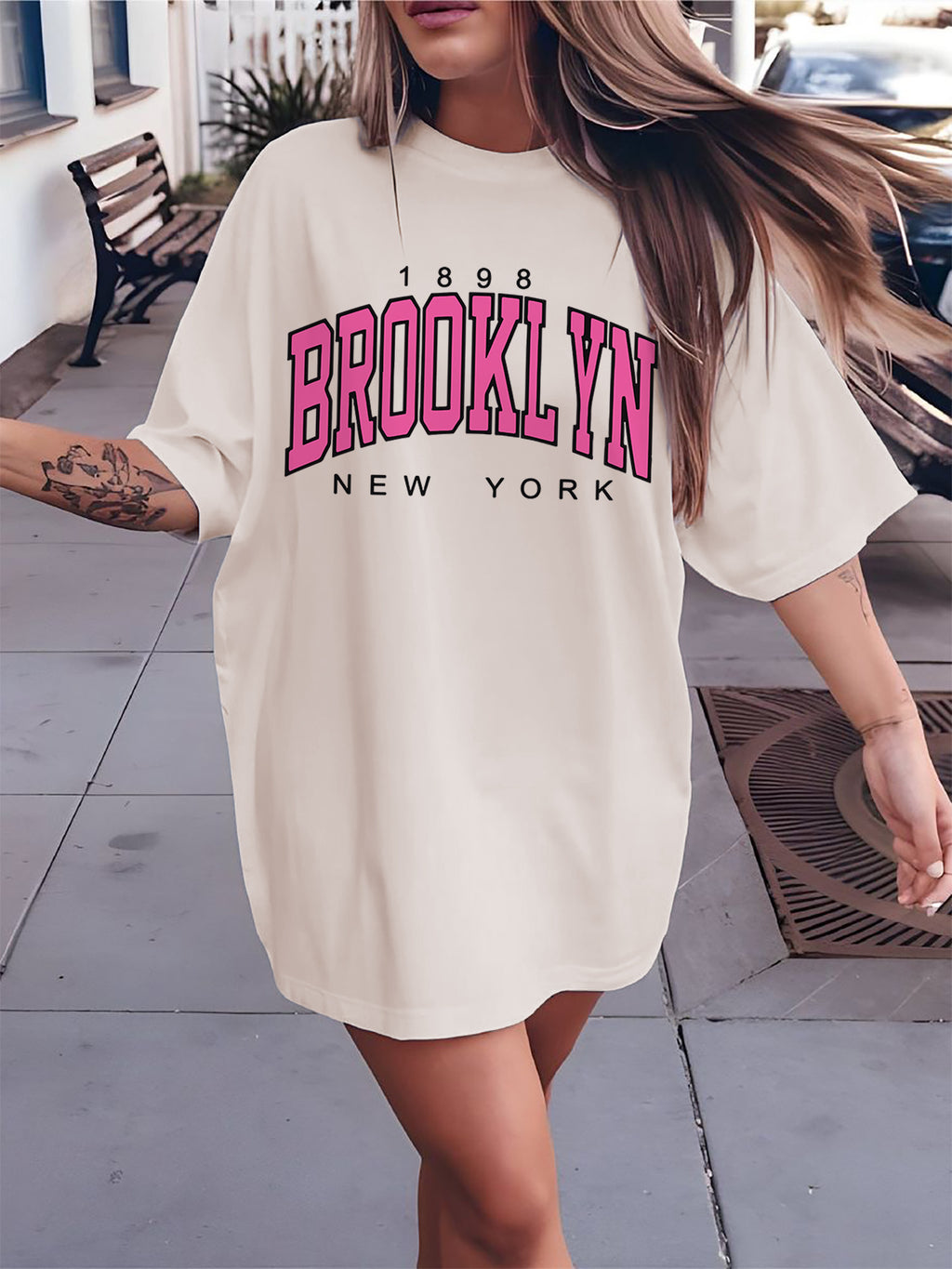 Graphic Print Drop Shoulder T-Shirt, Short Sleeve Crew Neck Casual Top for Spring & Summer, Women'S Clothing - Cream
