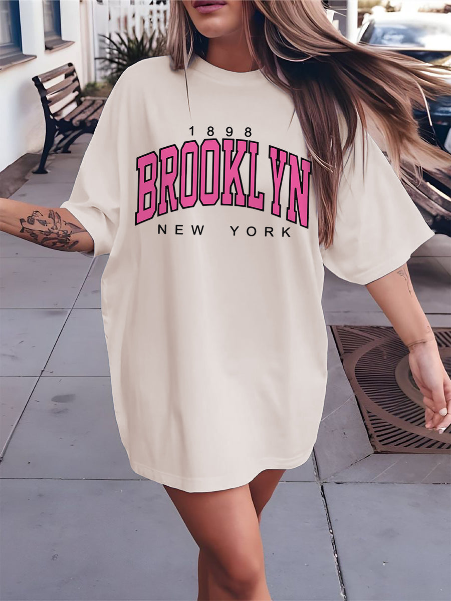 Graphic Print Drop Shoulder T-Shirt, Short Sleeve Crew Neck Casual Top for Spring & Summer, Women'S Clothing - Cream