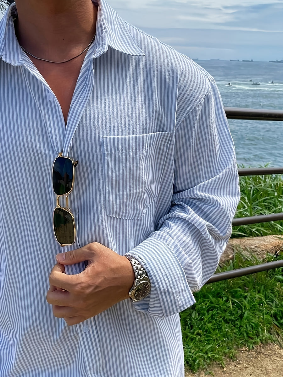 Men's Solid Color Striped Long-sleeve Shirt with Pocket, Casual Top Featuring a Lapel Collar Design and a Loose Fit, Suitable for Spring, Summer, and Autumn Wear. An Ideal Gift Choice for Boyfriends and Husbands - Light Blue