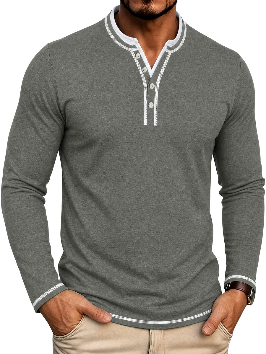 Cross-Border Men's Long Sleeve Crew Neck T-Shirt 2-in-1 Look Henley Shirt European and American Men's Pullover Top Base Layer Shirt - Dark Gray