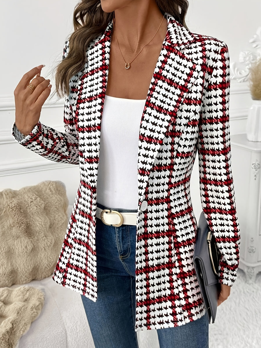 Women's Elegant Plaid Blazer, Versatile Daily Long-Sleeve Blazer, Classic Commuter Checkered Jacket, Autumn Women's Blazer, Women's Suit Jacket, Plaid Blazer, Houndstooth Blazer, Office Blazer, Plaid Autumn Women's Outerwear, Business Casual Wear - Multicolor