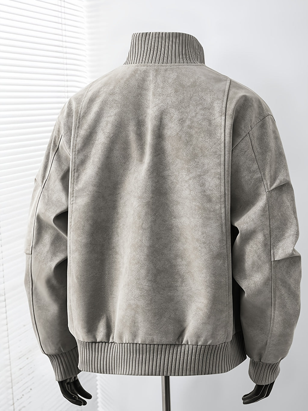 Men's Vintage Jacket, High Collar Ribbed Zipper American Casual Distressed Short Men's Jacket, Suitable for Daily Work Wear. - Light Grey