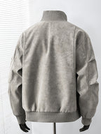 Men's Vintage Jacket, High Collar Ribbed Zipper American Casual Distressed Short Men's Jacket, Suitable for Daily Work Wear. - Light Grey
