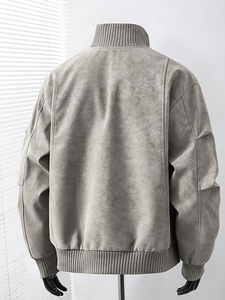 Men's Vintage Jacket, High Collar Ribbed Zipper American Casual Distressed Short Men's Jacket, Suitable for Daily Work Wear. - Light Grey