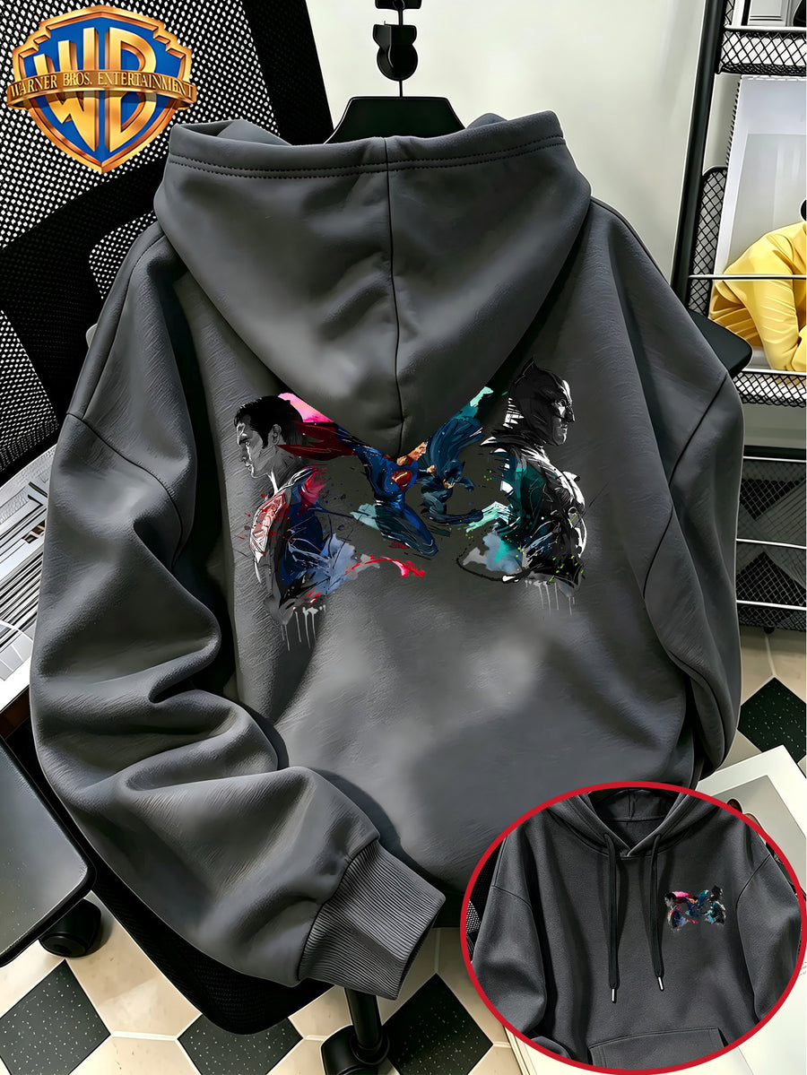 Autumn Winter Trendy Fashion Drawstring Pocket Hooded Men'S Sweatshirt, Ink Splatter Superman Batman Cool Print Design, Sporty Casual Loose Hoodie, Casual Wear for Daily Life, Trendy Style For, Suitable for Home And Outings, Unisex - Dark Gray