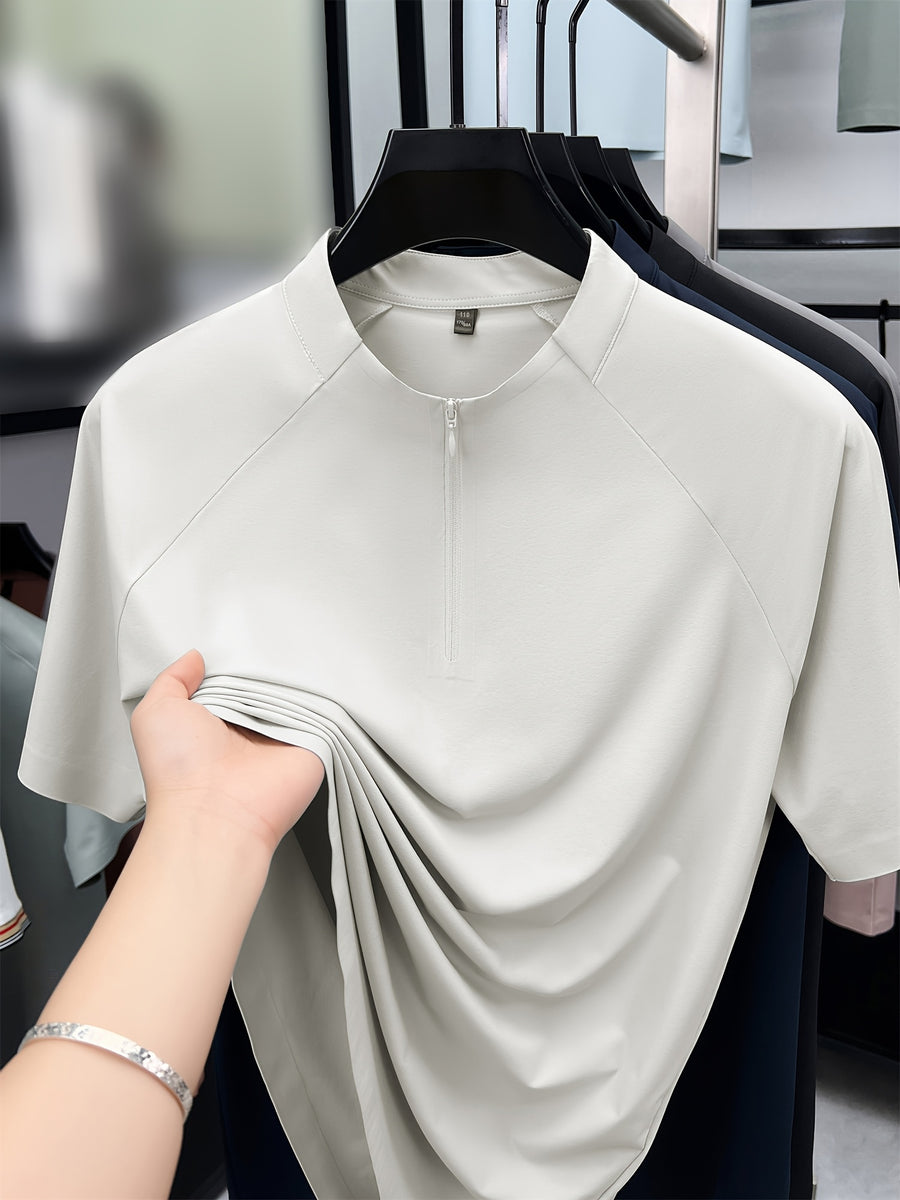 New Summer Men's Short-Sleeve Henley Shirt, Half-Zip Stand Collar Raglan Solid Color Top, Versatile Multi-Color Men's Apparel for Business Commuting, Outdoor, Fitness, Golf, Men's Gift - Off-white