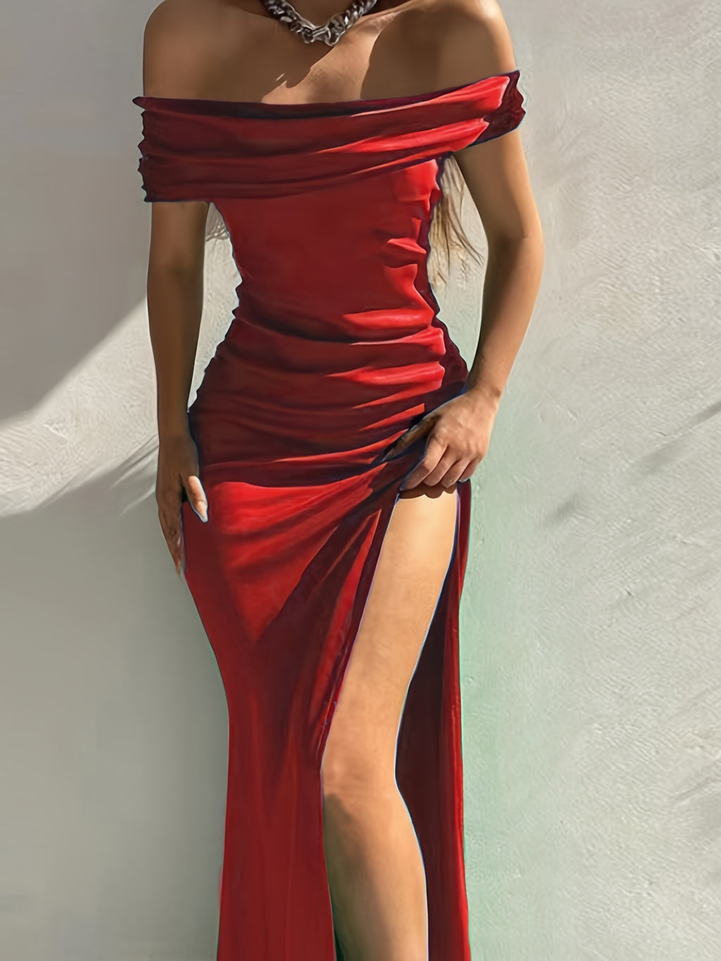New Foreign Trade Women's Bodycon Dress, Solid Color Sleeveless Midi One-Shoulder Dress, Sexy Evening Gown - Brick Red