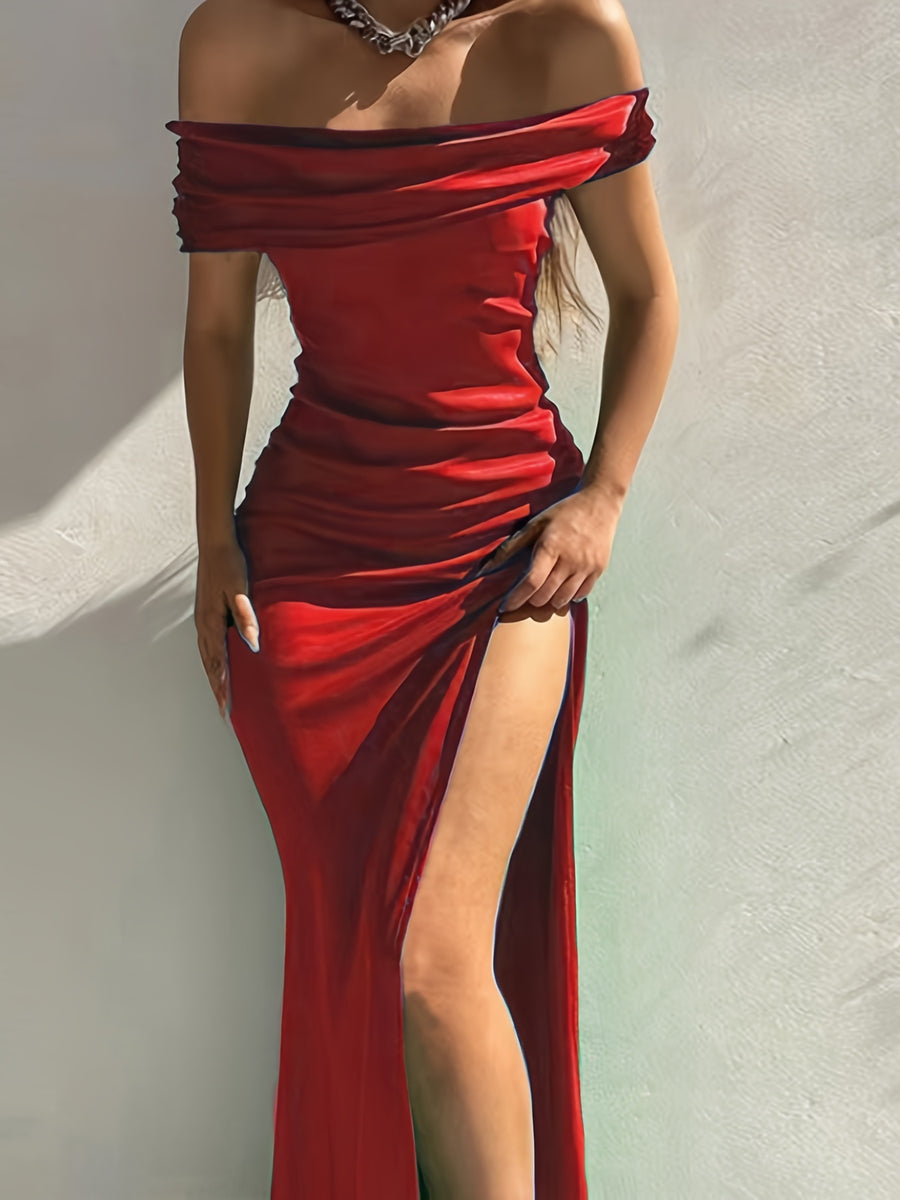 New Foreign Trade Women's Bodycon Dress, Solid Color Sleeveless Midi One-Shoulder Dress, Sexy Evening Gown - Brick Red